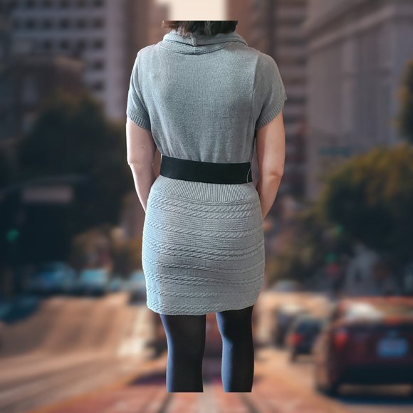 Cato Sweater Dress - Grey Cable Knit - Cowl Neck - Mini Skirt - Wide Belt - Picture 2 of 9